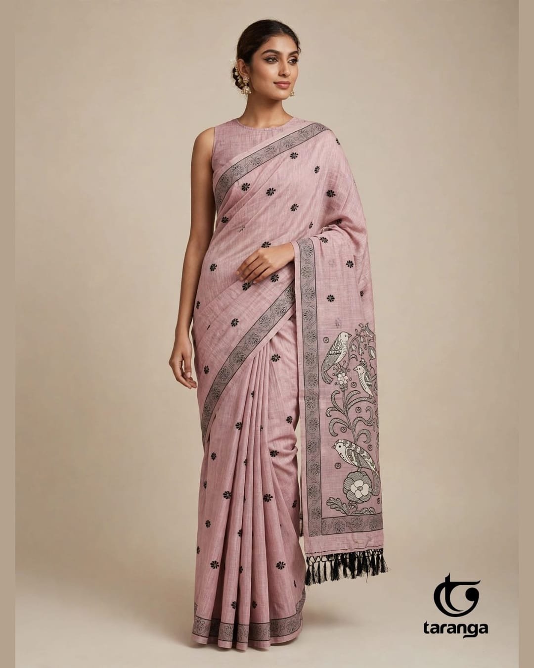 Pink saree with bird motifs